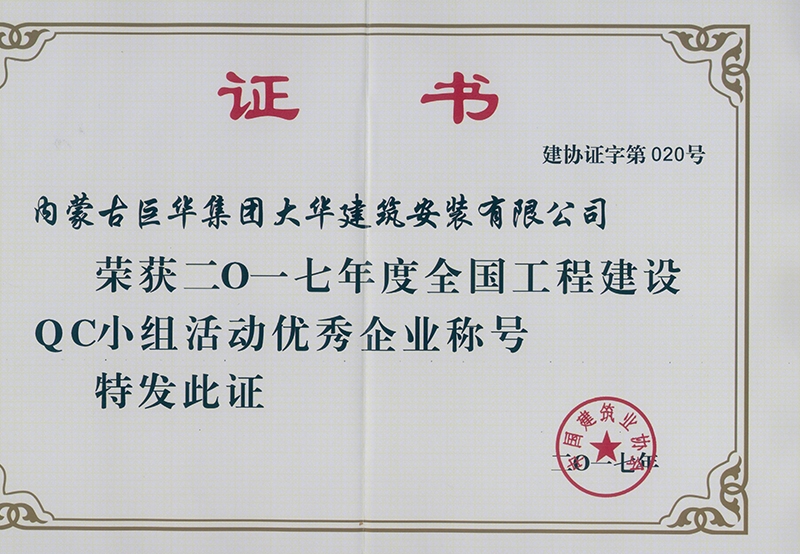 2017年度全國工程建設(shè)QC小組優(yōu)秀企業(yè)